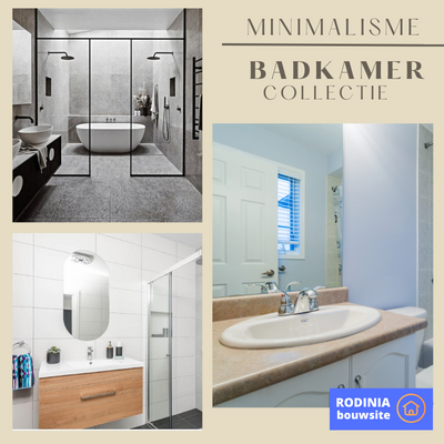 3 modellen van badkamers, lavabo en douche.