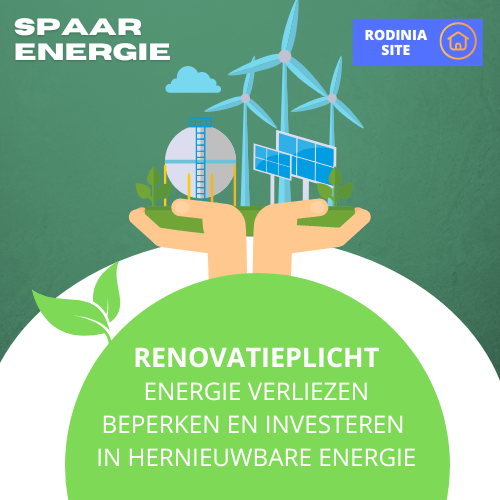 renovatieplicht, green deal, poster met zonnepanelen en windmolens