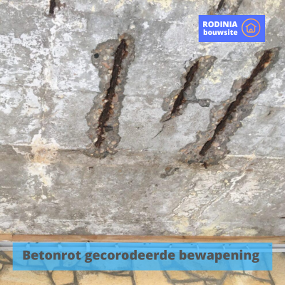 roest aan bewapening van beton, drie plaatsen naast elkaar